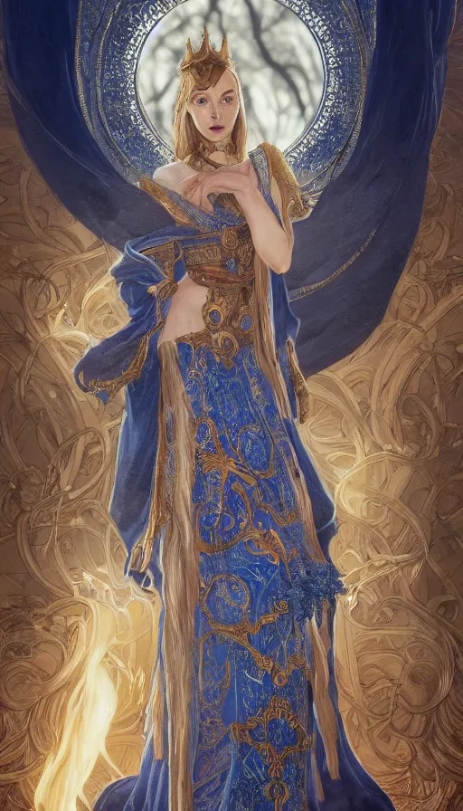 Prompt: jodie comer as a sorceress, passionate, seductive, sweaty, intricate dressed in ornate blue robes and staff, lovely, intricate, highly detailed, digital painting, artstation, concept art, karma sutra, smooth, sharp focus, illustration, unreal engine 5, 8 k, art by artgerm and greg rutkowski and alphonse mucha