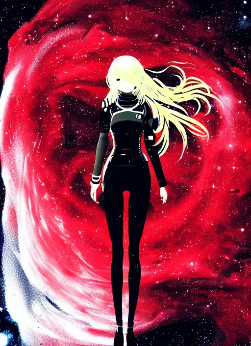 Prompt: highly detailed portrait of a hopeful pretty astronaut lady with a wavy blonde hair, by Jackson Pollock , 4k resolution, nier:automata inspired, bravely default inspired, vibrant but dreary but upflifting red, black and white color scheme!!! ((Space nebula background))