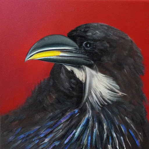 Prompt: oil painting of a raven holding a paintbrush in its beak and painting with it