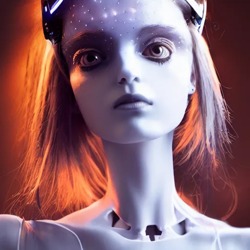 Image similar to beautiful centered fine art photo portrait of romantic beautiful girl as a solarpunk robotic humanoid, real face, dark mechanical parts with led lights, ballet style pose, photorealistic, white background, highly detailed and intricate, soft box lighting, hdr 8 k