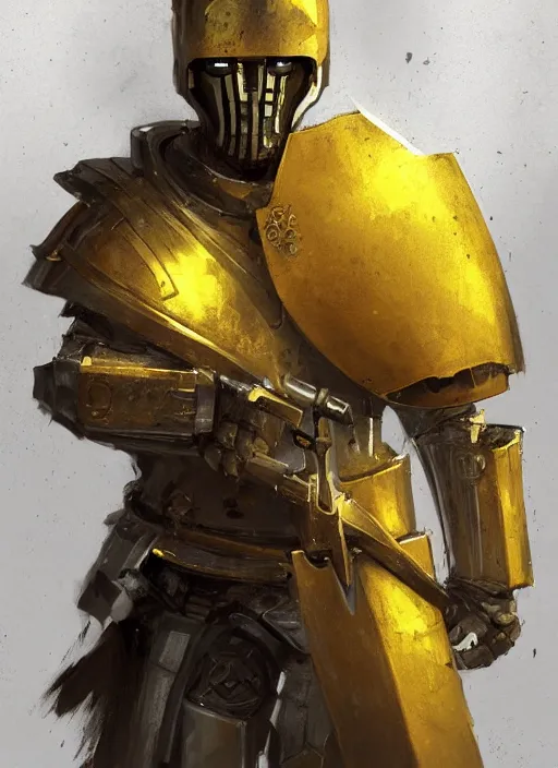Image similar to portrait of a warforged character in yellow armor holding a paladin engraved longsword and carrying a big shield, epic rough concept art, by Greg Rutkowski