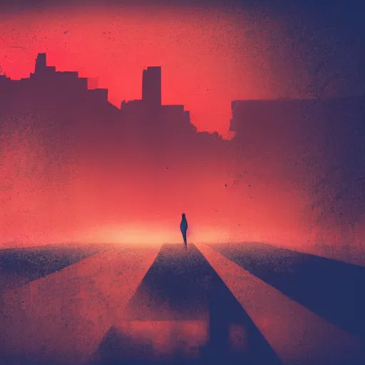 Prompt: a person watching the end of the world, red gradient map, dystopian city, debris, dramatic painting