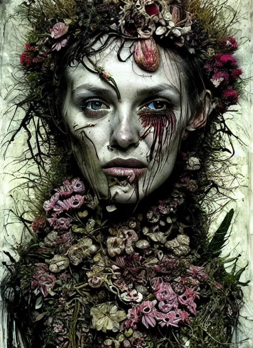 Image similar to beautiful and detailed rotten woman made of plants and many different types of flowers, muscles, intricate, organs, ornate, surreal, john constable, guy denning, dan hillier