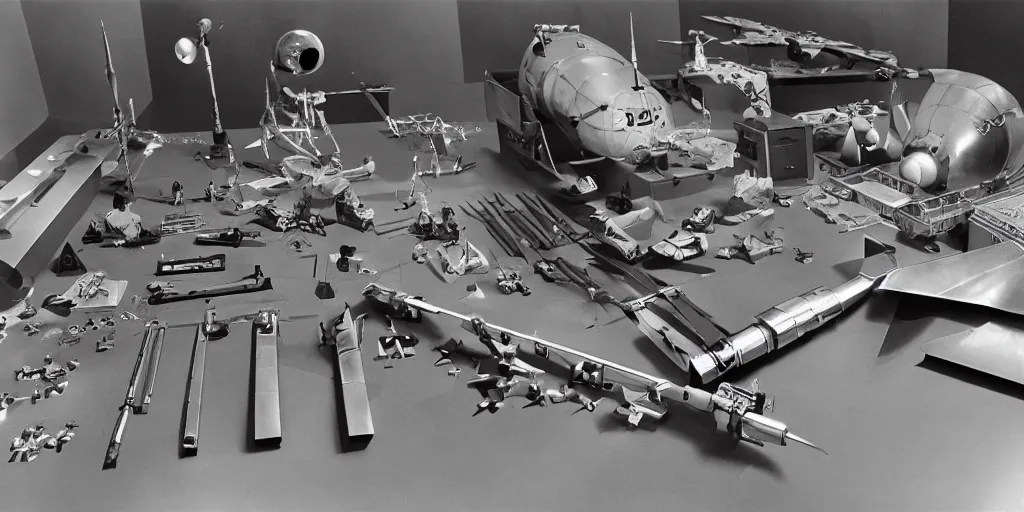 Image similar to knolling of ww 2 space laser weapons, archive photograph, 1 9 5 0's, sci - fi,