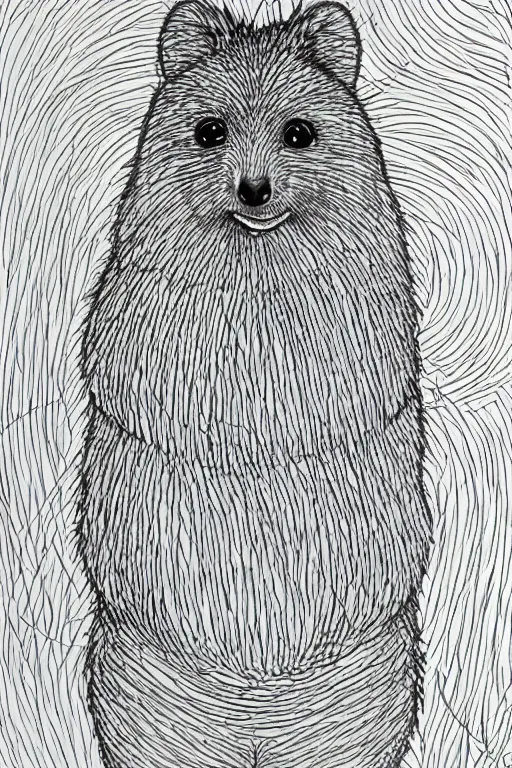 Image similar to portrait of a happy quokka, mcu, drawn with a single line, line drawing, art, minimalist, continuous line drawing, sakura pigma micron,