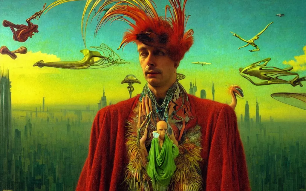 Image similar to realistic detailed portrait movie shot of a birdman wearing green robes, futuristic city sunset landscape background by denis villeneuve, yves tanguy, alphonse mucha, ernst haeckel, max ernst, roger dean, masterpiece, rich moody colours, feathers, ethereal, occult, blue eyes