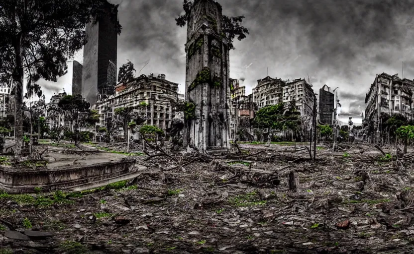 Prompt: panoramica de buenos aires en ruinas, apocaliptico, avenida 9 de julio obelisco, overgrown mold and decay, oversaturated, dark fantasy zombie environmental art