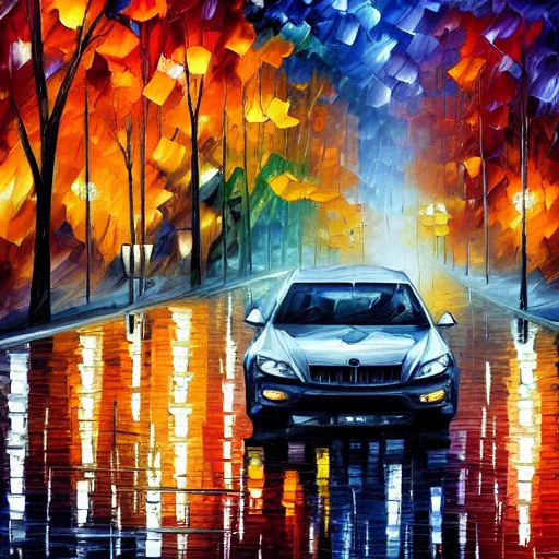 Image similar to A tank on a rainy evening, Leonid Afremov, intricate details, trending on artstation