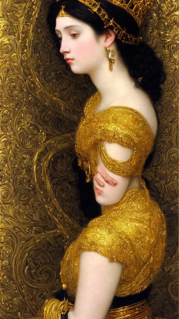 Image similar to painting portrait of a beautiful black haired woman with pale skin and a crown on her head sitted on an intricate metal throne, intricate, elegant, digital painting, smooth, sharp focus, shiny gold, realistic gold, realistic metal, by william - adolphe bouguereau and gustav klimt,