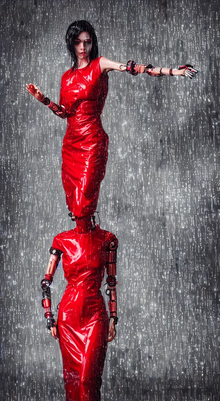 Prompt: woman, android, robot, cyberpunk, artificial limbs, robotic limbs, circuit, wires, mechanisms, tattoos, neon lights, hard light, lense flares, glamour, vogue photoshoot, fashion, long dress, red dress, silk, sexy dress, raindrops, rain, wet, wet fabric, make - up, leaky make - up, red lipstick