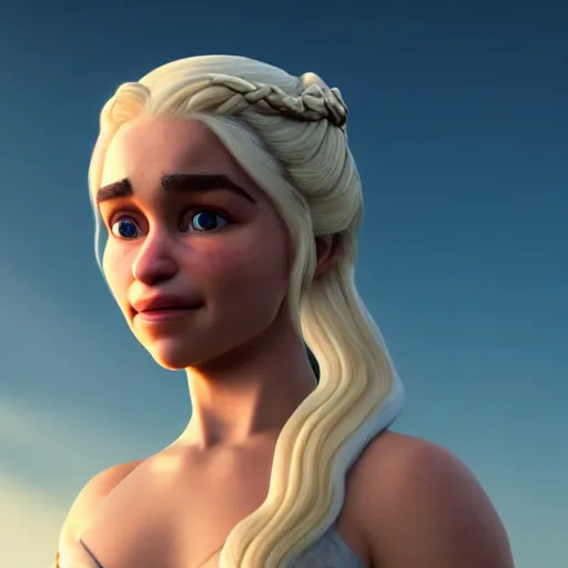 Image similar to Render of Daenerys Targaryen as a 3d Pixar character, golden hour, serene, mid-shot, medium shot, hyperdetailed, trending on Artstation, Unreal Engine 4k