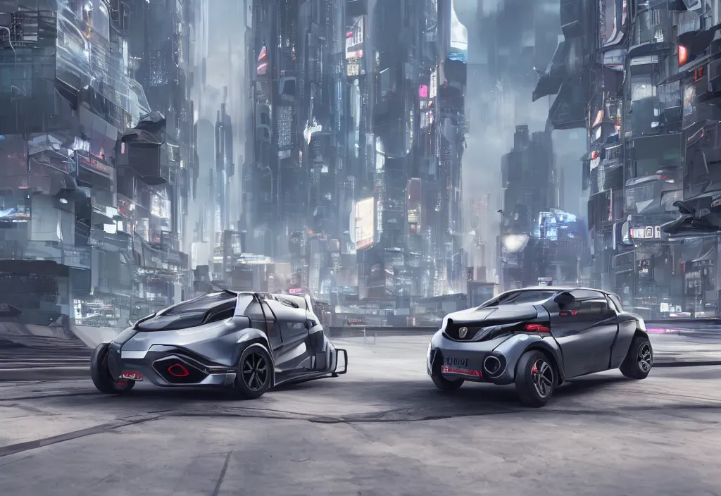 Image similar to octane render of new cyberpunk flying hover version of Renault sandero from 2077 in the city of future