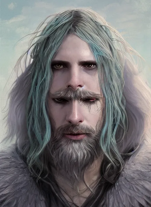 Prompt: Portrait of hexblade warlock angel, glowing white eyes, silver shaggy hair, short scruffy beard, cloak, teal ethereal tendril wings, male, fantasy, extremely detailed, digital painting, artstation, concept art, smooth, sharp focus, illustration, stunning lighting, art by artgerm and greg rutkowski and alphonse mucha and simon stalenhag, realistic character concept, high fantasy, light atmosphere, golden ratio, cinematic lighting, hyperdetailed, high resolution, insanely detailed and intricate, artstation, Marc Simonetti, Greg Rutkowski
