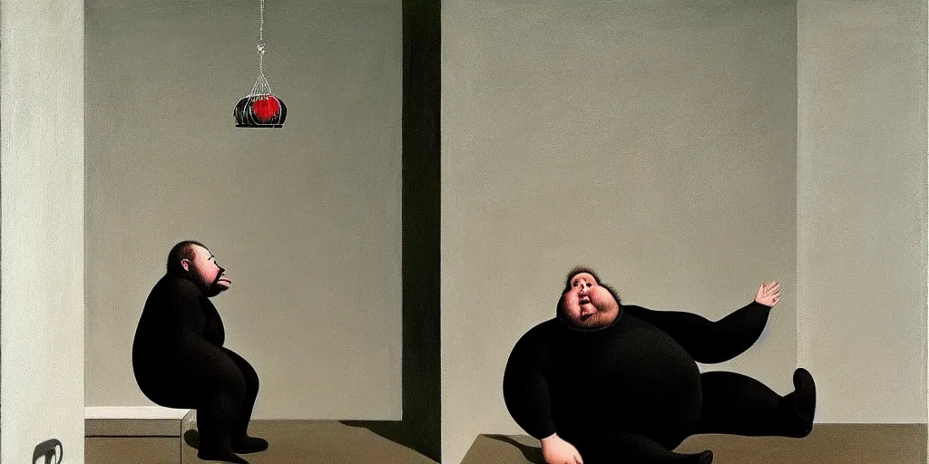 Prompt: a fat man trapped in a tiny cage, bulging and writhing in depressive agony detailed painting by painting by gottfried helnwein and tokio aoyama