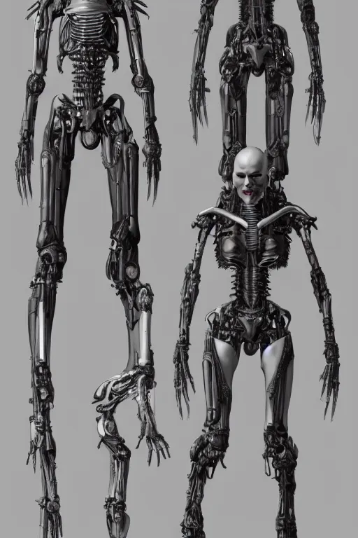 Image similar to cyborg vampire with gunmetal grey skin, medical anatomy, very symmetrical face, highly detailed, mecha, three - perspective / three - view reference sheet ( front / back / side ), in the style of dan ouellette, hr giger, sil from species, dren from splice, biomechanical, artstation, unreal engine