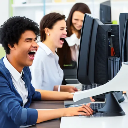 Image similar to young office workers playing around computers and laughing comic