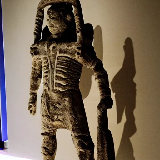 Image similar to futuristic ancient astronaut arrived through a portal, ancient statue in museum