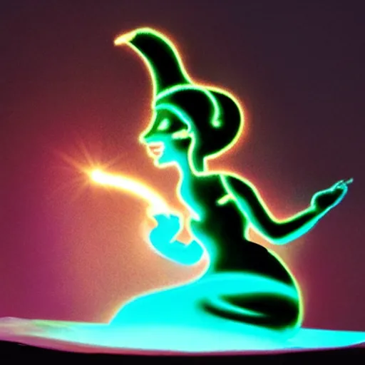 Prompt: magic lamp emitting colored smoke in the shape of genie girl