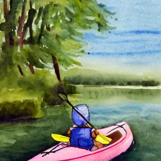 Prompt: A rabbit paddling a kayak down a calm river, watercolour realism