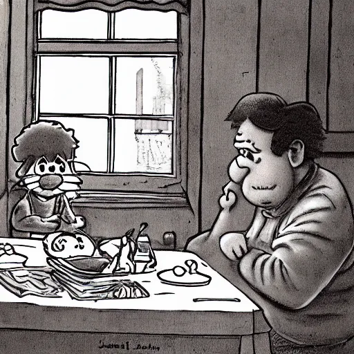 Image similar to jon and garfield at the kitchen table by jim davis