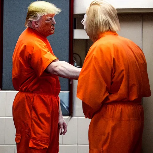 Image similar to photo of Donald trump being taunted in prison wearing an orange jumpsuit