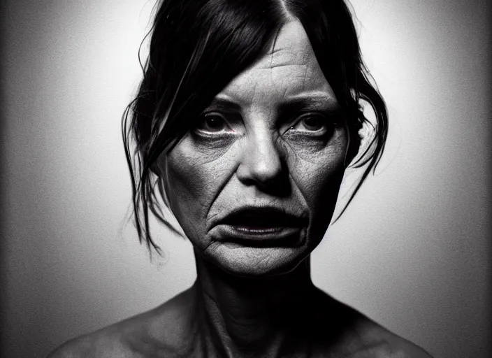 Image similar to mid shot portrait of a woman in dark lonely place, in the style of David cronenberg ,scary, weird, surprising, realistic, sharp focus, 8k high definition, medium format film photography, photo realistic, insanely detailed, intricate, elegant, art by les edwards and David kostic and stanley lau and artgerm