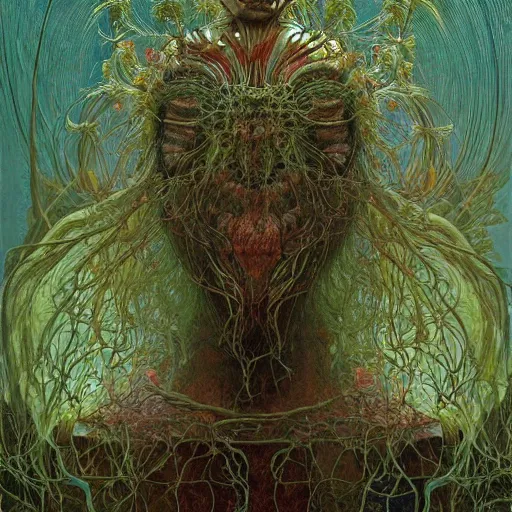 Image similar to forest spirit queen of jupiter by zdzisław beksinski, iris van herpen, raymond swanland, craig mullins and alphonse mucha. highly detailed, hyper - real, beautiful