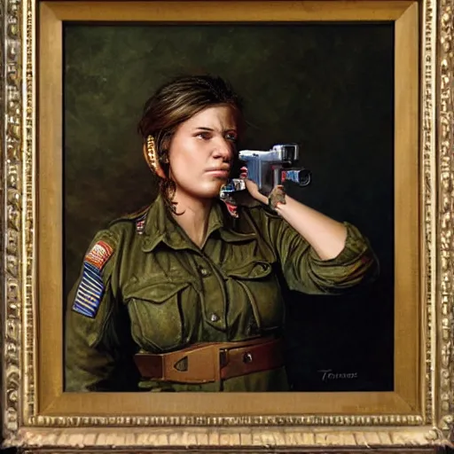 Prompt: a female soldier pressing a staple gun to her own head and looking depressed by thomas kincade realistic, high details