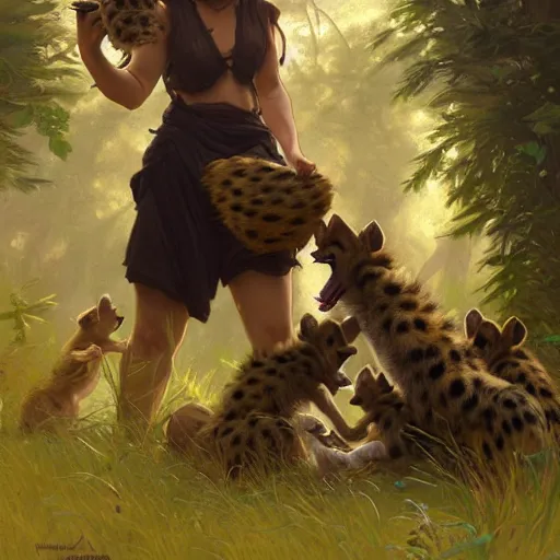 Prompt: photo of a hyenagirl feeds puppies in the forest, highly detailed, digital painting, artstation, smooth, sharp focus, illustration, art by artgerm and greg rutkowski and alphonse mucha