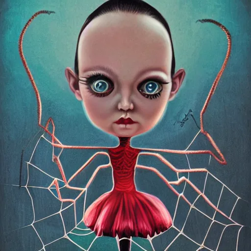 Image similar to surreal spider headed girl in the style of Mark Ryden