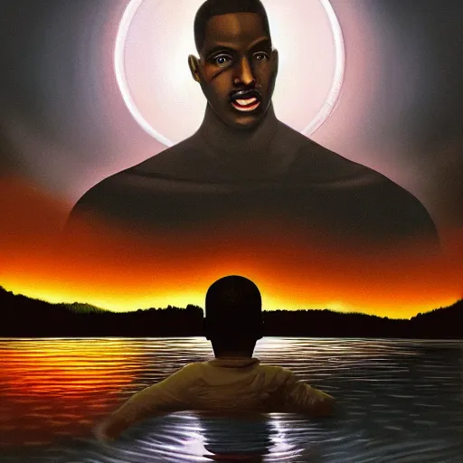 Prompt: a retro realistic illustration of a ghost!!! shining in a lake while a black kid! stares at it with a florest! in the background, a scenic view, realistic, volumetric light, detailed oilpainting, trending on artstation.