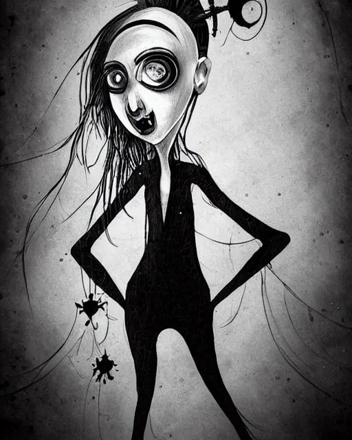 Prompt: a b & w grunge drawing of a pleiadean extraterrestrial, in the style of ryan hewett and a tim burton character, loony toons style, horror themed, detailed, elegant, intricate, trending on artstation, 4 k