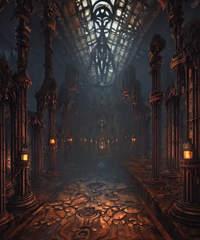 Image similar to steam necropolis, memento mori, gothic, neo - gothic, art nouveau, hyperdetailed copper patina medieval icon, stefan morrell, philippe druillet, ralph mcquarrie, concept art, steampunk, unreal engine, detailed intricate environment, octane render, moody atmospherics, volumetric lighting, ultrasharp, ominous, otherworldly