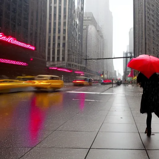 Image similar to rainy day on the miracle mile in chicago, view of the sidewalk ( on the right ) with the street and buildings on the left, all is grey and rainy, and the street is shiny. a well - dressed couple with an umbrella are hurrying towards the viewer.