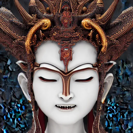 Image similar to naraka buddhist demon korean female, highly detailed, symmetrical long head, smooth marble surfaces, detailed ink illustration, raiden metal gear, cinematic smooth stone, deep aesthetic, concept art, post process, 4 k, carved marble texture and silk cloth, latex skin, highly ornate intricate details, in the style of 8 8 grzes