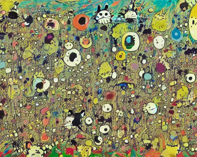 Image similar to abstract expressionism. a still from my neighbor totoro, re imagined in the style of jackson pollock. surrealism, dadaism, ghibli