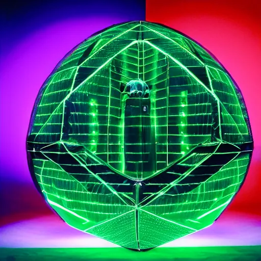 Image similar to annie liebowitz portrait of a plasma energy tron dinosaur egg in the shape of a dodecahedron made up of glowing electric plates and patterns. cinestill