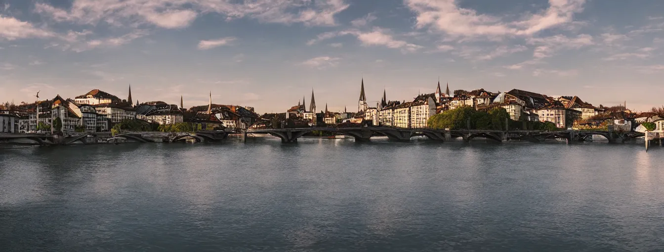 Image similar to Digital painting of Zurich, Limmat and the lake, wide angle, volumetric light, hyperdetailed, Alsp in the background, artstation, cgsociety, 8k