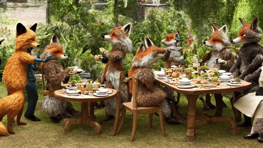 Image similar to film still from the movie chappie outdoor park plants garden scene bokeh depth of field several figures sitting down at a table having a delicious grand victorian tea party crumpets furry anthro anthropomorphic stylized fox foxes