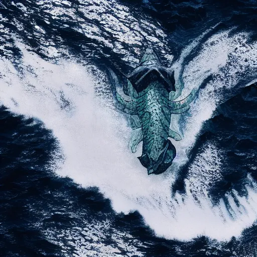 Prompt: top down view of a leviathan emerging from a deep ocean during a storm, cinematic lighting, dramatic, masterpiece, trending on artstation