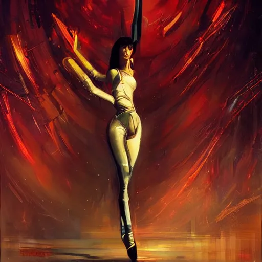 Prompt: beautiful illustration of a cyberpunk android ballerina, painting by Raymond Swanland, sci-fi cybernetics, art deco, synthwave hq