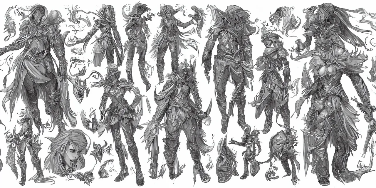 Prompt: a magical character, comic book design, cosplay, RPG, character design, character reference, character sheet, white border, no cropping, insanely detailed, artstation