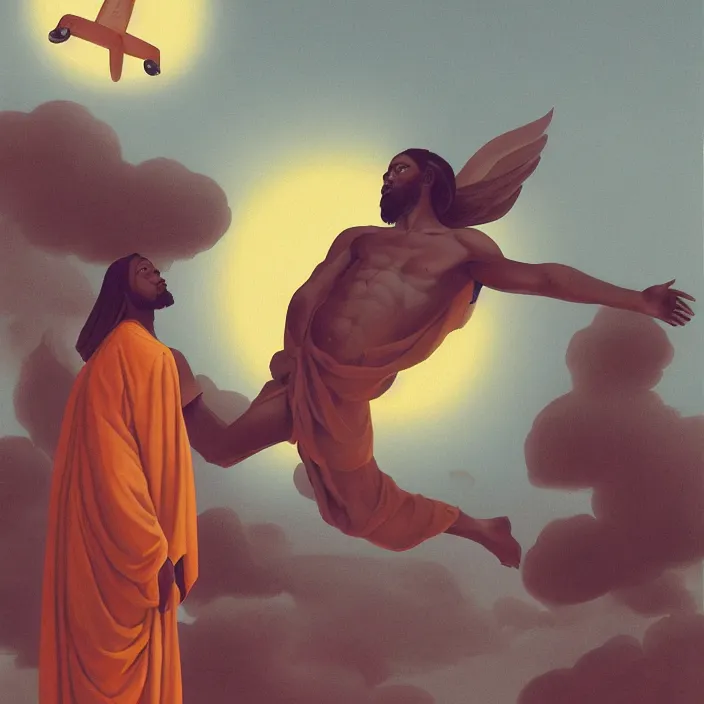 Image similar to a hovering UFO over an African Jesus ,painting by Hsiao-Ron Cheng,