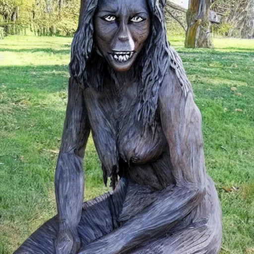 Image similar to realistic wooden statue of a female werewolf