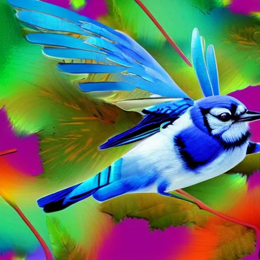Prompt: bluejay flying above a vibrant and colorful forest full of birds, ethereal, digital art