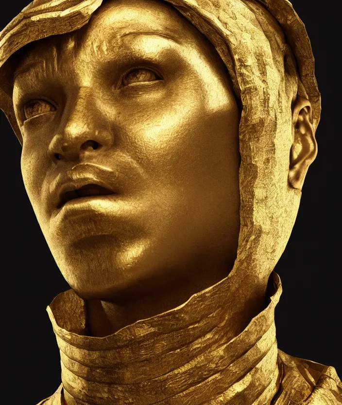 Prompt: a portrait of a stoic statue wearing a neck collar made of gold, cyberpunk, aesthetic, naturel, hyper detailed, digital sculpture, trending in artstation, cinematic lighting, studio quality, smooth render, unreal engine 5 rendered, octane rendered, art style by klimt and nixeu and ian sprigger and wlop and krenz cushart