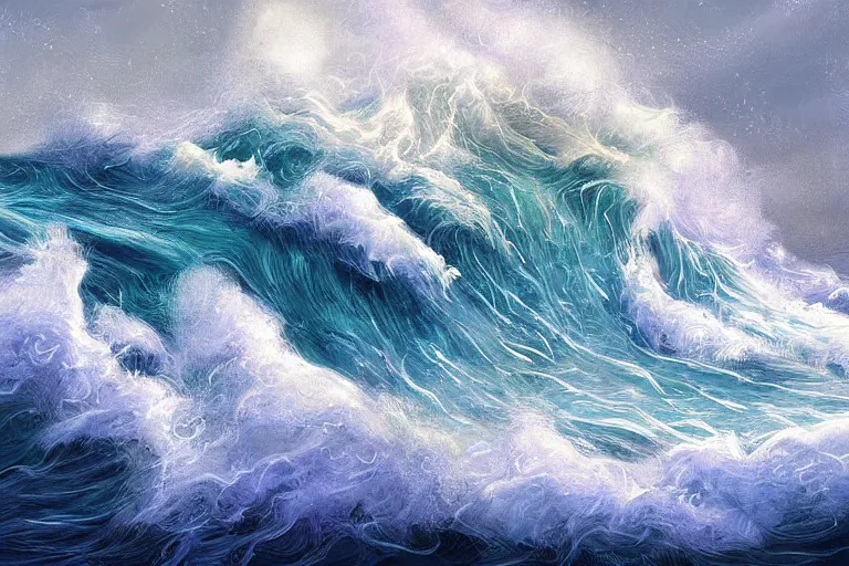 Image similar to ocean, land, tumultuous waves, digital painting, illustrated by max hay