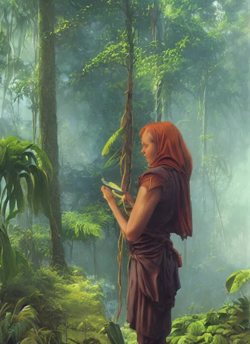 Prompt: a female herbalist in the jungle, art by christophe vacher