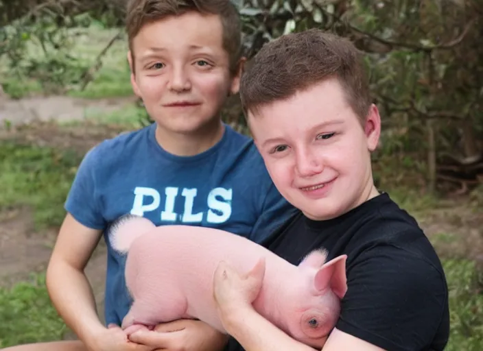 Image similar to a trans boy with a piglet. memphis style