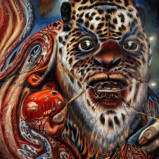 Prompt: an intricated and detailed painting of a shaman turning into a jaguar by jose clemente orozco 4 k render